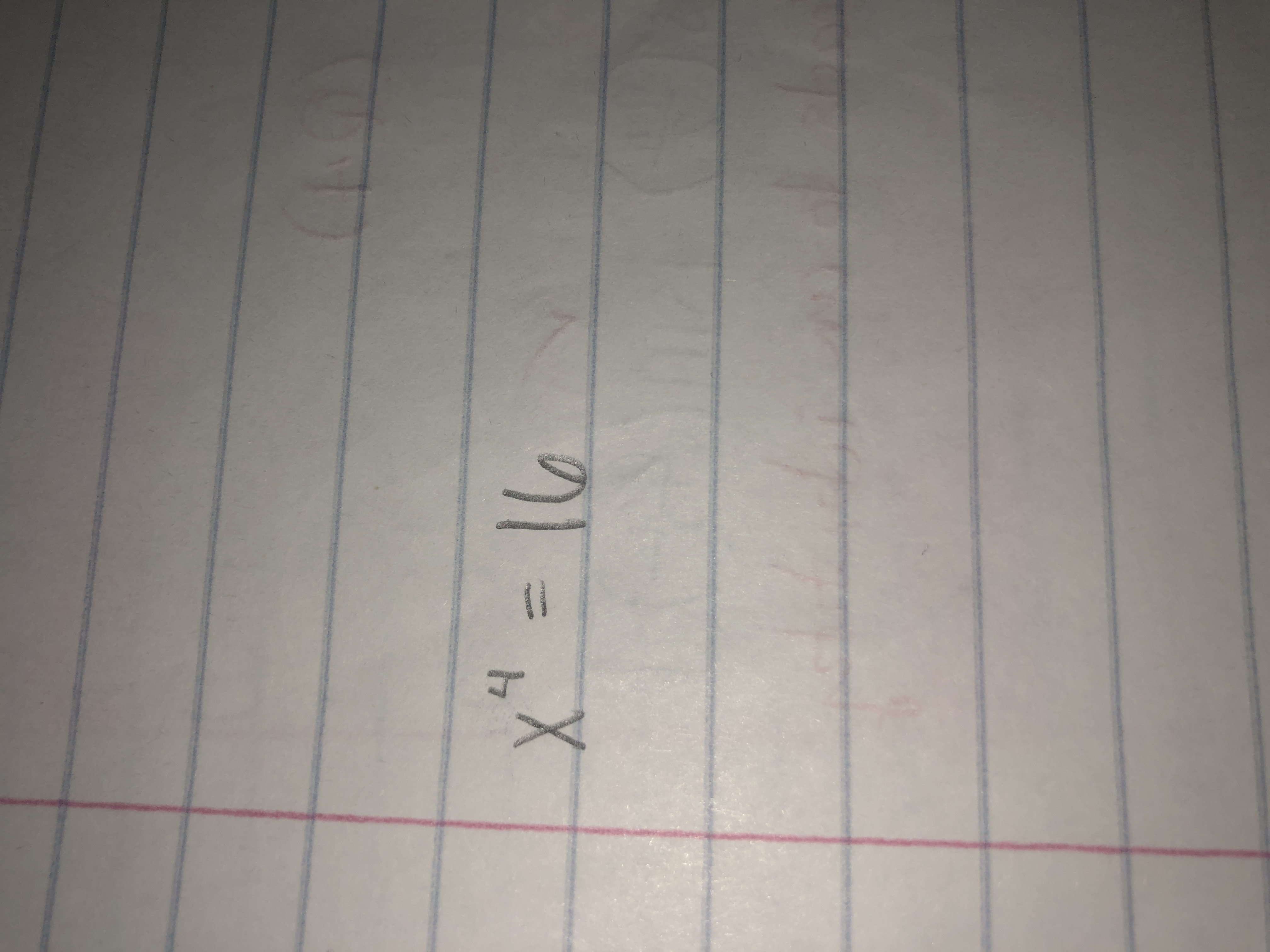 The image shows a mathematical equation:

\[ x^4 = 16 \]

This equation indicates that some number \( x \) raised to the fourth power equals 16. To solve for \( x \), you would take the fourth root of both sides of the equation. This means finding a number that, when raised to the fourth power, results in 16.