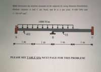 Q3a) Determine the reaction moments at the supports by using Moment-Distribution
Method. Assume A and C are fixed, and B is a pin joint. E-200 GPa and
1-50x10" mm.
1000 N/m
4EI
EI
A
B
C
1 m
1 m
1 m
1 m
PLEASE SEE TABLE Q3a NEXT PAGE FOR THIS PROBLEM!
