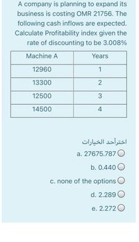 A company is planning to expand its
business is costing OMR 21756. The
following cash inflows are expected.
Calculate Profitability index given the
rate of discounting to be 3.008%
Machine A
Years
12960
1
13300
2
12500
14500
4
اخترأحد الخيارات
a. 27675.7870
b. 0.440
c. none of the options O
d. 2.289 O
e. 2.272 O
3.
