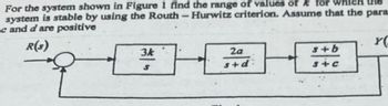 For the system shown in Figure 1 find the range of values of k for which the
system is stable by using the Routh - Hurwitz criterion. Assume that the para.
c and d' are positive
R(s)
Y(
3k
S
H
2a
s+d:
H
s+b
S+C