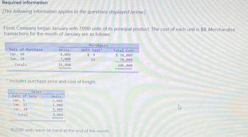 Required information
[The following information applies to the questions displayed below.]
Ferris Company began January with 7,000 units of its principal product. The cost of each unit is $8. Merchandise
transactions for the month of January are as follows:
Date of Purchase
Jan. 10
Jan. 18
Totals
Sales
Units
4,000
7,000
11,000
Date of Sale
Jan. S
Jan. 12.
Jan. 201
Total
Purchases
Includes purchase price and cost of freight.
Units
3,000
1,000
4,000
8,000
Unit Cost
$9
10
10,000 units were on hand at the end of the month.
Total Cost
$ 36,000
70,000
106,000