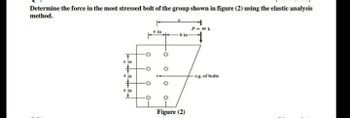 Determine the force in the most stressed bolt of the group shown in figure (2) using the elastic analysis
method.
in
4 in
P-40 k
4 in
6 in
°
°
°
°
о
cg of bolts
Figure (2)