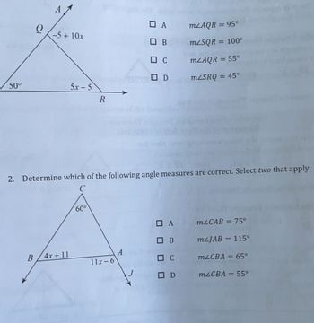 Answered: 50° 0 -5 + 10x 5x-5 R DA ОВ DC OD mLAQR… | bartleby