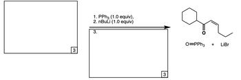 The image depicts a chemical reaction mechanism commonly found in organic synthesis, possibly illustrating a Wittig reaction. Here is a transcribed and detailed explanation fit for an educational website:

---

### Reaction Mechanism Overview

**Starting Material**:

- The reaction begins with an unspecified substrate placed in a bounded rectangle marked by the number [3].

**Reaction Steps**:

1. **Reagents and Conditions**:
   - **PPh₃ (Triphenylphosphine), 1.0 equivalent**: This reagent is involved in the formation of a phosphonium ylide, a key intermediate in Wittig reactions.
   - **nBuLi (n-Butyllithium), 1.0 equivalent**: A strong base, n-Butyllithium, is used to deprotonate a phosphonium salt to form the corresponding ylide.

2. **Mechanism**:
   - An arrow is shown directing from the starting material to the products, indicating the progression of the reaction. The addition of PPh₃ and nBuLi facilitates the conversion of the substrate.

3. **Products**:
   - The structure on the right shows a cyclic compound with a double bond and a keto group, along with an alkyl chain. This product results from the reaction of the ylide with a carbonyl compound.
   - Additional by-products include **O=PPh₃ (Triphenylphosphine oxide)** and **LiBr (Lithium bromide)**.

The entire setup corresponds to a typical preparation and reaction sequence, effectively illustrating principles of organophosphorus chemistry and practical aspects of synthetic methodology in organic chemistry.

--- 

This mechanism is commonly featured in advanced organic chemistry courses and research settings, highlighting the utility and versatility of Wittig reactions in the synthesis of alkenes.