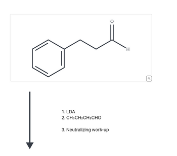 The image presents a chemical reaction involving a benzyl aldehyde derivative. Here's a detailed transcription and explanation:

**Chemical Structure:**
- The structure depicted at the top is a benzyl aldehyde, featuring a benzene ring attached to a chain ending with an aldehyde group (–CHO).

**Reaction Process:**
- The reaction involves three steps:
  1. **LDA**: Lithium diisopropylamide (LDA) is used as a strong, non-nucleophilic base to deprotonate the compound, generating an enolate ion.
  2. **CH₃CH₂CH₂CHO**: This is butyraldehyde, a three-carbon aldehyde introduced into the reaction. The enolate ion from the first step can add to this aldehyde in a nucleophilic addition reaction.
  3. **Neutralizing Work-up**: The final step involves neutralizing the reaction mixture, often done using an acid or base, to obtain the final product.

This sequence represents a typical aldol reaction, facilitating carbon-carbon bond formation between the starting material and the added aldehyde to extend the carbon chain.