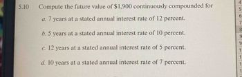 5.10
Compute the future value of $1,900 continuously compounded for
a. 7 years at a stated annual interest rate of 12 percent.
b. 5 years at a stated annual interest rate of 10 percent.
c. 12 years at a stated annual interest rate of 5 percent.
d. 10 years at a stated annual interest rate of 7 percent.
4567
198
10
1
1
1
1