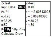 Z-Test
Inpt: Data Statsu # 40
Ho:40
0:4.75
x:38.25
n:50
u: # Ho < Ho > Ho
Calculate Draw
Z-Test
z= - 2.60513025
p = 0.00918393
x= 38.25
In = 50
