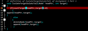 ```cpp
// definition of IsolateTargetSoloAsTail of Assignment 5 Part 1
void IsolateTargetSoloAsTail(Node* headPtr, int target)
{
    if(countTarget(headPtr, target) == 0)
    {
        append(headPtr, target);
    }
    else
    {
        deleteNode(headPtr, target);
        append(headPtr, target);
    }
}
```

### Explanation:

This code snippet defines a function called `IsolateTargetSoloAsTail`. It takes two parameters: `headPtr`, which is a pointer to a `Node` (likely part of a linked list), and `target`, an integer representing the value to be manipulated within the list.

#### Functionality:

1. **Check for Occurrence**:
   - The function `countTarget(headPtr, target)` is used to determine if the `target` exists within the list.
   - If the count is `0` (i.e., the `target` does not exist in the list), the `target` is appended to the list using `append(headPtr, target)`.

2. **Modify Existing Target**:
   - If the `target` exists (i.e., count is not `0`), the `deleteNode(headPtr, target)` function removes the `target` from the list. 
   - After removal, `append(headPtr, target)` is called to add the `target` as the last element (or tail) of the list.

This coding pattern ensures that the `target` is isolated as the tail of the linked list, regardless of its initial presence or position.