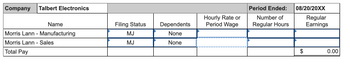 Company Talbert Electronics
Name
Morris Lann - Manufacturing
Morris Lann - Sales
Total Pay
Filing Status
MJ
MJ
Dependents
None
None
Hourly Rate or
Period Wage
Period Ended:
Number of
Regular Hours
08/20/20XX
$
Regular
Earnings
0.00