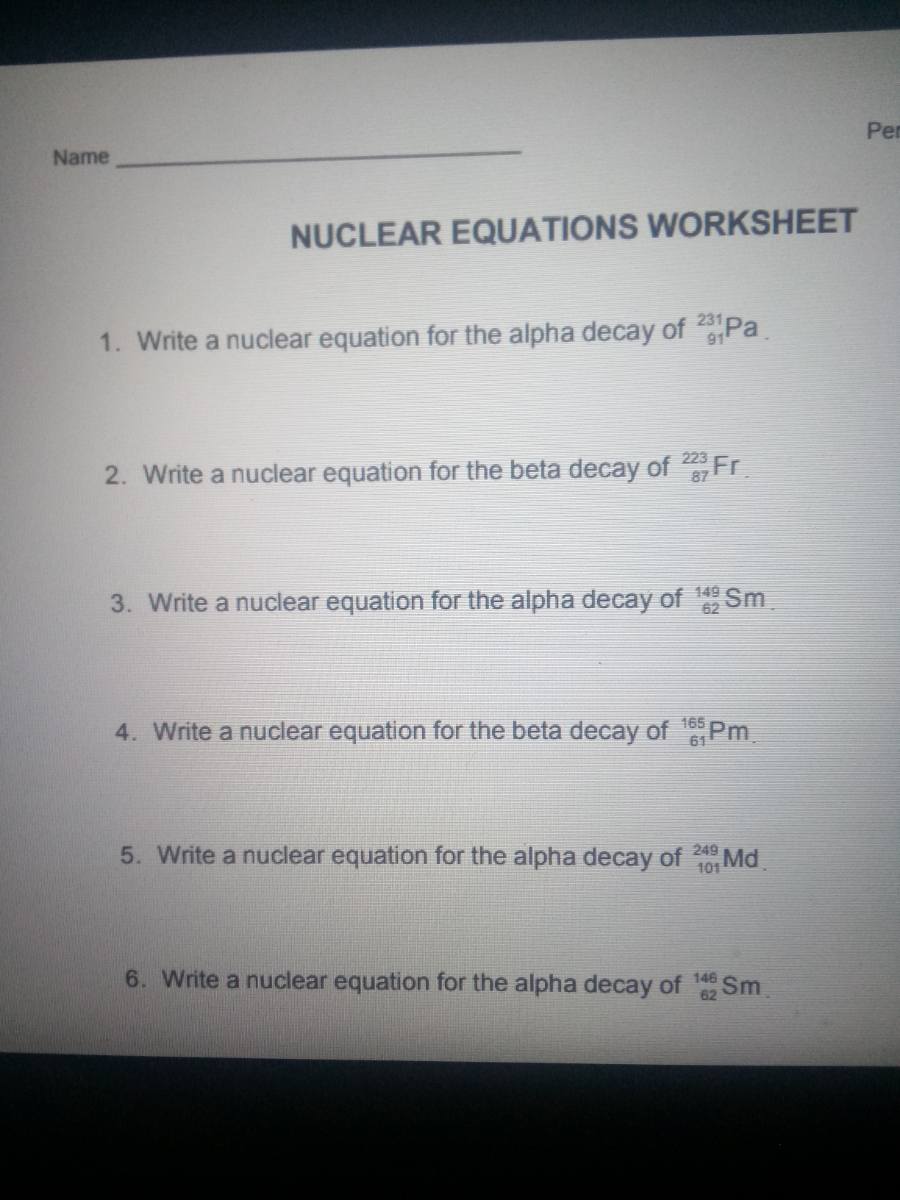 Balancing Nuclear Reactions Worksheet