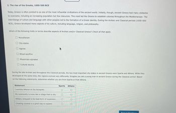 2. The rise of the Greeks, 1000-500 BCE
Today, Greece is often pointed to as one of the most influential civilizations of the ancient world. Initially, though, ancient Greece had many obstacles
to overcome, including an increasing population but few resources. This need led the Greeks to establish colonies throughout the Mediterranean. The
Interchange of culture and language with other peoples led to the formation of a Greek identity. During the Archaic and Classical periods (1000-500
BCE), Greece developed many aspects of its culture, including language, religion, and philosophy.
Which of the following traits or terms describe aspects of Archaic and/or Classical Greece? Check all that apply.
Monotheism
City-states
Agoras
Ritual sacrifice
Phoenician alphabet
Cultural decline
During the late Archaic and throughout the Classical periods, the two most important city-states in ancient Greece were Sparta and Athens. While they
developed at the same time, the regions evolved very differently. Imagine you are a young man in ancient Greece during the Classical period. Based
on the following statements, determine whether you are from Sparta or from Athens.
Statement
I worship Athena on the Acropolis.
My community is more like a village than a city.
Military conquest is the best form of expansion.
Creating colonies is a great way to expand.
Sparta
O
O
O
O
Athens
O
O
O
O
Save & Continuo