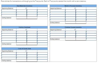 Post entries for transactions a through g to the T-accounts. Each of T-accounts started the month with a zero balance.
Raw Materials Inventory
Work in Process Inventory
Beginning Balance
Beginning Balance
Ending balance
Ending balance
Factory Overhead
Finished Goods Inventory
Beginning Balance
Beginning Balance
Ending balance
Ending balance
Cost of Goods Sold
Beginning Balance
Ending balance
