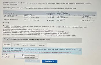 Hazelnut Corporation manufactures lawn ornaments. It currently has two product lines, the basic and the luxury. Hazelnut has a total of
$143,484 in overhead.
The company has identified the following information about its overhead activity pools and the two product lines:
Quantity or
Amount Consumed
by Basic
Activity Pools
Materials handling
Quality control
Machine maintenance
Cost Driver
Number of moves
Number of inspections
Number of machine hours
Required 1
Complete this question by entering your answers in the tabs below.
Basic Model
Luxury Model
Required 2 Required 3 Required 4
Required:
1. Suppose Hazelnut used a traditional costing system with machine hours as the cost driver. Determine the amount of overhead
assigned to each product line.
2. Calculate the activity rates for each activity pool in Hazelnut's ABC system.
3. Calculate the amount of overhead that Hazelnut will assign to the basic line if it uses an ABC system.
4. Determine the amount of overhead Hazelnut will assign to the luxury line if it uses an ABC system.
5. Compare the results for a traditional system with that of an ABC system. Which do you think is more accurate?
Cost Assigned
to Pool
Overhead Assigned
Overhead Assigned
$ 4,144
$ 31,540
$ 107,800
Required 5
< Required 1
16 moves
240 inspections
machine
Suppose Hazelnut used a traditional costing system with machine hours as the cost driver. Determine the amount of overhead
assigned to each product line.
Note: Do not round intermediate calculations and round your final answers to the nearest whole dollar amount.
5,100 hours
Required 2 >
Quantity or Amount Consumed by Luxury
58 moves
120 inspections
4,700 machine hours