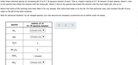 Order these chemical species by increasing pH of an 0.1 M aqueous solution of each. That is, imagine making an 0.1 M solution of each species. Select 1 next
to the species that makes the solution with the lowest pH. Select 2 next to the species that makes the solution with the next higher pH, and so on.
Notice that some of the rankings have been filled in for you already. Also notice that water is on the list. For that particular case, just compare the pH of pure
water to the pH of the other solutions.
Note for advanced students: for all charged species, you may assume the necessary counterions act as neither acids nor bases.
relative pH of
0.1 M aqueous solution
species
?
103
|(Choose one) ▼
OH
|(Choose one) ▼
H,0
4
HC,04
6.
HIO,
1 (lowest)
NO2
|(Choose one)
