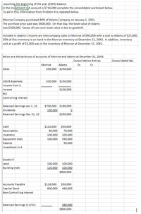 assuming the beginning of the year (20X3) balance
in the Investment in A account is $716,000 complete the consolidated worksheet below.
To ald in this, Information from Problem 4 is repeated below.
Monroe Company purchased 80% of Adams Company on January 1, 20X1.
The purchase price paid was $600,000. On that day, the book value of Adams
was $500,000. Excess of cost over book value is due to goodwill.
Included in Adams's income are intercompany sales to Monroe of $40,000 with a cost to Adams of $25,000.
30% of this inventory is on hand in the Monroe inventory at December 31, 20X3. In addition, inventory
sold at a profit of $5,000 was in the inventory of Monroe at December 31, 20X2.
Below are the balances of accounts of Monroe and Adams at December 31, 20x3.
Consolidation Entries
Consolidated Bal.
Monroe
Adams
Dr.
Cr.
Sales
$50,000 $250,000
CGS & Expenses
$30,000 $150,000
Income from S.
Income
$100,000
NCI
Controlling Interest
Retained Earnings Jan 1, 10
$700,000 $190,000
Dividends
100.000
Retained Earnings Dec 31, 10
$290,000
Cash
$120,000
$30,000
Receivables
90,000
70,000
Inventory
100,000
100,000
Equipment (net)
100,000
350,000
Patents
50,000
Investment in A
Goodwill
Land
Building (net)
100,000
100,000
120.000
100,000
$800,000
Accounts Payable
$126,000
$50,000
Capital Stock
600,000
460,000
Non-Controlling Interest
Retained Earnings (12/31)
290,000
$800,000
