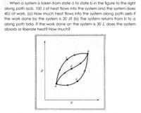 . When a system is taken from state a to state b in the figure to the right
along path acb, 100 J of heat flows into the system and the system does
40J of work. (a) How much heat flows into the system along path aeb if
the work done by the system is 20 J? (b) The system returns from b to a
along path bda. If the work done on the system is 30 J, does the system
absorb or liberate heat? How much?
