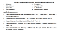 **Task:**

For each of the following relations, determine whether the relation is:

- Reflexive.
- Anti-reflexive.
- Symmetric.
- Anti-symmetric.
- Transitive.
- A partial order.
- A strict order.
- An equivalence relation.

*Justify all your answers.*

---

**a.** \( R \) is a relation on the set of all people such that \((a, b) \in R\) if and only if \(a\) and \(b\) have a common grandparent.

**b.** \( R \) is a relation on the power set of a set \( A \) such that \((X, Y) \in R\) if and only if \(X \subseteq Y\).

**c.** \( R \) is a relation on \( \mathbb{Z} \) such that \((x, y) \in R\) if and only if \(xy \geq 0\).

**d.** \( R \) is a relation on \( \mathbb{Z}^+ \) such that \((x, y) \in R\) if and only if there is a positive integer \( n \) such that \( x^n = y \).

**e.** \( R \) is a relation on \( \mathbb{R} \) such that \((x, y) \in R\) if and only if \(x - y\) is rational. *(Hint: The sum of two rational numbers is rational.)*