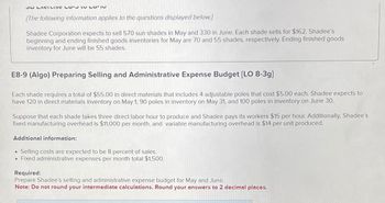 cח
ועבורוcב
0-1
61
רס.Al
[The following information applies to the questions displayed below.]
Shadee Corporation expects to sell 570 sun shades in May and 330 in June. Each shade sells for $162. Shadee's
beginning and ending finished goods inventories for May are 70 and 55 shades, respectively. Ending finished goods
inventory for June will be 55 shades.
E8-9 (Algo) Preparing Selling and Administrative Expense Budget [LO 8-3g]
Each shade requires a total of $55.00 in direct materials that includes 4 adjustable poles that cost $5.00 each. Shadee expects to
have 120 in direct materials inventory on May 1, 90 poles in inventory on May 31, and 100 poles in inventory on June 30.
Suppose that each shade takes three direct labor hour to produce and Shadee pays its workers $15 per hour. Additionally, Shadee's
fixed manufacturing overhead is $11,000 per month, and variable manufacturing overhead is $14 per unit produced.
Additional information:
•
Selling costs are expected to be 8 percent of sales.
• Fixed administrative expenses per month total $1,500.
Required:
Prepare Shadee's selling and administrative expense budget for May and June.
Note: Do not round your intermediate calculations. Round your answers to 2 decimal places.