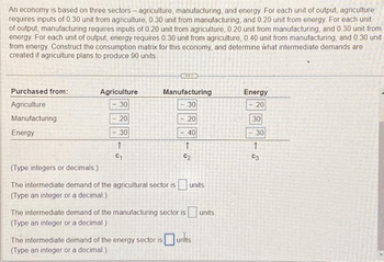 An economy is based on three sectors - agriculture, manufacturing, and energy For each unit of output, agriculture
requires inputs of 0.30 unit from agriculture, 0.30 unit from manufacturing, and 0.20 unit from energy. For each unit
of output, manufacturing requires inputs of 0 20 unit from agriculture, 0.20 unit from manufacturing, and 0.30 unit from
energy. For each unit of output, energy requires 0.30 unit from agriculture, 0.40 unit from manufacturing, and 0.30 unit
from energy. Construct the consumption matrix for this economy, and determine what intermediate demands are
created if agriculture plans to produce 90 units.
Purchased from:
Agriculture
Manufacturing
Energy
Agriculture
- 30
20
30
↑
C1
Manufacturing
30
The intermediate demand of the energy sector is
(Type an integer or a decimal.).
20
40
↑
C2
(Type integers or decimals.)
The intermediate demand of the agricultural sector is units.
(Type an integer or a decimal.)
The intermediate demand of the manufacturing sector is
(Type an integer or a decimal).
units
units
Energy
<-20
30
30
C3