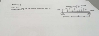 Problem 2
Find the value of the single resultant and its
distance from A.
4 kN/m
8 kN/m
10 kN/m
m
2 kN/m
B