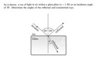 As is shown, a ray of light in air strikes a glass plate (n = 1.50) at an incidence angle
of 50°. Determine the angles of the reflected and transmitted rays.
%3D
incident
50°| 50
reflected
Air
Glass
refracted
