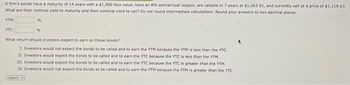 A firm's bonds have a maturity of 14 years with a $1,000 face value, have an 8% semiannual coupon, are callable in 7 years at $1,063.91, and currently sell at a price of $1,119.63.
What are their nominal yield to maturity and their nominal yield to call? Do not round intermediate calculations. Round your answers to two decimal places.
YTM:
YTC
What return should investors expect to earn on these bonds?
1. Investors would not expect the bonds to be called and to earn the YTM because the YTM is less than the YTC.
II. Investors would expect the bonds to be called and to earn the VTC because the YTC is less than the YTM.
III. Investors would expect the bonds to be called and to earn the YTC because the YTC is greater than the YTM.
IV. Investors would not expect the bonds to be called and to earn the YTM because the YTM is greater than the YTC.
-Select-
