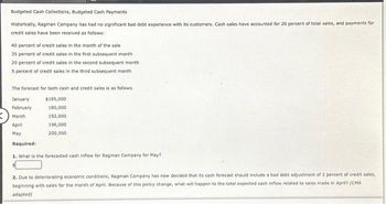 Budgeted Cash Collections, Budgeted Cash Payments
Historically, Ragman Company has had no significant bad debt experience with its customers. Cash sales have accounted for 20 percent of total sales, and payments for
credit sales have been received as follows:
40 percent of credit sales in the month of the sale
35 percent of credit sales in the first subsequent month
20 percent of credit sales in the second subsequent month
5 percent of credit sales in the third subsequent month
The forecast for both cash and credit sales is as follows.
$185,000
180,000
192,000
196,000
200,000
January
February
March
April
May
Required:
1. What is the forecasted cash inflow for Ragman Company for May?
2. Due to deteriorating economic conditions, Ragman Company has now decided that its cash forecast should include a bad debt adjustment of 2 percent of credit sales,
beginning with sales for the month of April. Because of this policy change, what will happen to the total expected cash inflow related to sales made in Apri? (CMA
adapted)