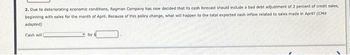 2. Due to deteriorating economic conditions, Ragman Company has now decided that its cash forecast should include a bad debt adjustment of 2 percent of credit sales,
beginning with sales for the month of April. Because of this policy change, what will happen to the total expected cash inflow related to sales made in April? (CMA
adapted)
Cash will (
by