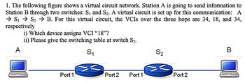 1. The following figure shows a virtual circuit network. Station A is going to send information to
Station B through two switches: S₁ and S₂. A virtual circuit is set up for this communication: A
→ S₁ → S₂ → B. For this virtual circuit, the VCIs over the three hops are 34, 18, and 34,
respectively
i) Which device assigns VCI "18"?
ii) Please give the switching table at switch S₂.
A
S₁
Port 1
Port 2
Port 1
S₂
Port 2
B