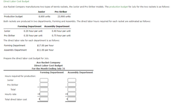 **Direct Labor Cost Budget**

Ace Racket Company manufactures two types of tennis rackets, the Junior and Pro Striker models. The production budget for July for the two rackets is as follows:

|               | Junior   | Pro Striker |
|---------------|----------|-------------|
| Production budget | 8,600 units | 23,900 units |

Both rackets are produced in two departments, Forming and Assembly. The direct labor hours required for each racket are estimated as follows:

|                     | Forming Department | Assembly Department |
|---------------------|--------------------|----------------------|
| Junior              | 0.20 hour per unit | 0.40 hour per unit   |
| Pro Striker         | 0.30 hour per unit | 0.75 hour per unit   |

The direct labor rate for each department is as follows:

- **Forming Department**: $17.00 per hour
- **Assembly Department**: $11.00 per hour

Prepare the direct labor cost budget for July.

---

**Ace Racket Company**

Direct Labor Cost Budget  
For the Month Ending July 31

|                                 | Forming Department | Assembly Department |
|---------------------------------|--------------------|----------------------|
| **Hours required for production:** |                    |                      |
| Junior                          |                    |                      |
| Pro Striker                     |                    |                      |
| **Total**                       |                    |                      |
| **Hourly rate**                 | x $17              | x $11                |
| **Total direct labor cost**     | $                  | $                    |

Please complete the budget by calculating the total labor hours and costs based on the production and hourly rates provided.