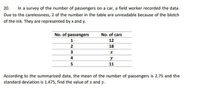 In a survey of the number of passengers on a car, a field worker recorded the data.
20.
Due to the carelessness, 2 of the number in the table are unreadable because of the blotch
of the ink. They are represented by x and y.
No. of passengers
TT
No. of cars
12
2
18
3
y
5
11
According to the summarized data, the mean of the number of passengers is 2.75 and the
standard deviation is 1.475, find the value of x and y.
