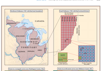 Northwest Ordinance, 1787, with final state boundaries
Land Ordinance, 1785, with final sectional division
The Seven Ranges
First Area Survey
-Baseline
CANADA
L. Superior
MINNESOTA
Ft Michilimackinac
Misppi R
WISCONSIN
MICHIGAN
NORTHWEST
Ft. Detroit
L. Erie
TERRITORY
5. 4 3 2| 1
|s9 10 11 12
18 17 16 15 14 13
19 20 21 22 23 24
30 29 28 27 26 25
OHIO
ILLINOIS
INDIANA
1/2 sectien
(320 acre)
Ohie
tin actes
A0 acreeach
31 32 33 34 35 36
Detail of Section
1 sq. mile (640 acres)
Detail of Township
36 sq. miles
Farms in a rectangular survey area: Muskingum County, Ohio
Farms in an old eastern survey area: Baltimore County, Md.
L Michigan
L. Huron
7th Range
6th Range
aury pE
2nd Rang
VIRGINIA
PENNSYL VANIA
