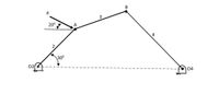 The diagram illustrates a structural mechanism comprising rods and joints. 

- **Components**:
  - **Joints**: Points O₂, A, B, and O₄ are connected by rods.
  - **Rods**: The rods are labeled with their respective lengths: 
    - Rod O₂A is 2 units long
    - Rod AB is 3 units long 
    - Rod BO₄ is 4 units long

- **Forces and Angles**:
  - A force, labeled P, is applied at point A, inclined at an angle of 20° to the horizontal.
  - Rod O₂A makes an angle of 30° with the horizontal at the fixed point O₂.

- **Supports**: Points O₂ and O₄ are represented as fixed supports, indicated by the small semicircle and arrow symbols.

This mechanism might be analyzed for static equilibrium or kinematic motion, considering the angles and forces involved.