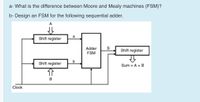 a- What is the difference between Moore and Mealy machines (FSM)?
b- Design an FSM for the following sequential adder.
a
Shift register
Adder
FSM
Shift register
b
Shift register
Sum = A +B
Clock
