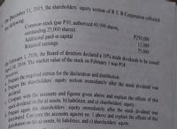 On February 1, 2016, the Board of directors declared a 10% stock dividends to be issued
b. Prepare the shareholders' equity section immediately after the stock dividend was
d Prepare again the shareholders' equity immediately after the stock dividend was
On 31, 2015, the shareholders' equity section of RUB Corporation reflected
Common stock (par P10; authorized 60,000 shares,
distributed. Compare the accounts against no. 1 above and explain the effects of this
c. Compare with the accounts and figures given above and explain the effects of this
stock dividend on the a) assets, b) liabilities, and c) shareholders' equity.
distribution on the a) assets, b) liabilities, and c) shareholders' equity.
following
outstanding 25,000 shares)
Additional paid-in capital
Retained earnings
the follow
P250,000
12,000
75,000
on
Direction:
declared
