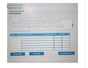 Required information
Journal entry
worksheet
<
1
accounts balances: Cash, $15,000: Equipment, $85,000; Accumulated
Depreciation, $25,000, Accounts Payable, $10,000; Retained earnings,
$59,000, Dividends, $2,000, Fees Earned, $56,000: Depreciation Expense,
$25,000; and Salaries Expense, $23,000. All accounts have normal balances.
Note: Enter debits before credits
Date
December 31
General Journal
Debit
Credit
Clear entry
View general journal
Record entry