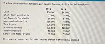 The financial statements for Barrington Service Company include the following items:
2025
2024
Cash
$50,500
$42,000
Short-term Investments
27,000
16,000
Net Accounts Receivable
56,000
51,000
156,000
43,000
Merchandise Inventory
Total Assets
525,000
549,000
Accounts Payable
128,500
125,000
Salaries Payable
16,000
15,000
Long-term Note Payable
63,000
55,000
Compute the current ratio for 2024. (Round answer to two decimal places.)