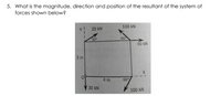 5. What is the magnitude, direction and position of the resultant of the system of
forces shown below?
100 kN
Y!
20 kN
30
45
60 kN
3 m
4 m
60
30 kN
100 kN
