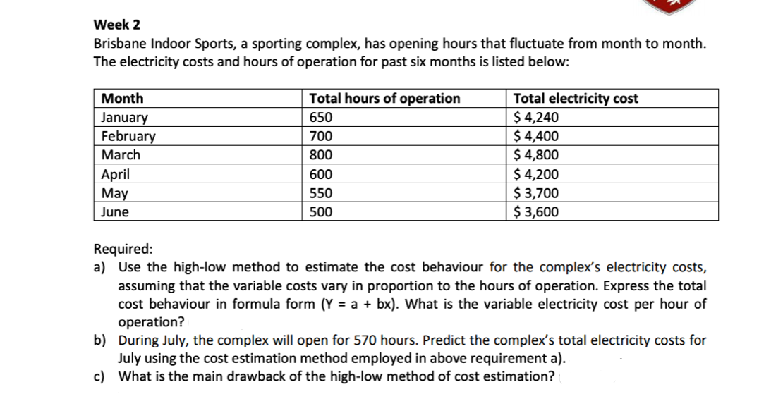Brisbane Indoor Sports, a sporting complex, has opening hours that fluctuate from month to month.
The electricity costs and hours of operation for past six months is listed below:
Month
Total hours of operation
Total electricity cost
$ 4,240
$ 4,400
$ 4,800
$ 4,200
$ 3,700
$ 3,600
650
January
February
700
March
800
April
May
600
550
June
500
Required:
a) Use the high-low method to estimate the cost behaviour for the complex's electricity costs,
assuming that the variable costs vary in proportion to the hours of operation. Express the total
cost behaviour in formula form (Y = a + bx). What is the variable electricity cost per hour of
operation?
b) During July, the complex will open for 570 hours. Predict the complex's total electricity costs for
July using the cost estimation method employed in above requirement a).
c) What is the main drawback of the high-low method of cost estimation?
