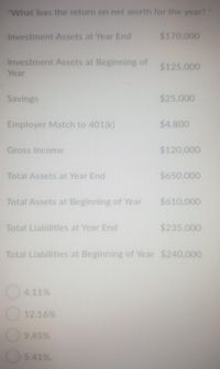 "What was the return on net worth for the year?"
Investment Assets at Year End
$170,000
Investment Assets at Beginning of
Year
$125,000
Savings
$25,000
Employer Match to 401(k)
$4,800
Gross Income
$120,000
Total Assets at Year End
$650,000
Total Assets at Beginning of Year
$610,000
Total Liabilities at Year End
$235,000
Total Liabilities at Beginning of Year $240,000
4.11%
O 12.16%
9.45%
5.41%.
