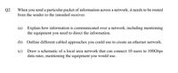 Q2
When you send a particular packet of information across a network, it needs to be routed
from the sender to the intended receiver.
(a) Explain how information is communicated over a network, including mentioning
the equipment you need to direct the information.
(b) Outline different cabled approaches you could use to create an ethernet network.
(c)
Draw a schematic of a local area network that can connect 10 users to 100Gbps
data rates, mentioning the equipment you would use.
