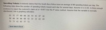 Speeding Tickets A motorist claims that the South Boro Police issue an average of 60 speeding tickets per day. The
following data show the number of speeding tickets issued each day for several days. Assume o is 13.42. Is there enough
evidence to reject the motorist's claim at a = 0.05? Use the P-value method. Assume that the variable is normally
distributed. Use a graphing calculator.
33 52 57 60 66 26 54 42 87 48
59 60 56 66 68 42 33 22 63 49
73 75 42 63 57 72
Send data to Excel