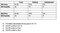 Clothing
R 30
Food
Entertainment
2021 Price
R 125
R5
2021 Quantity
45
15
8
2022 Price
R 140
R 45
R8
2022 Quantity
45
15
8
a) The inflation rate between the two years is 15.11 %
b) The CPI in 2019 is 15.11 %
c) The CPI in 2021 is 119.8
d) The CPI in 2022 is 119.8
