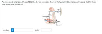 A person exerts a horizontal force of 190 N in the test apparatus shown in the figure. Find the horizontal force that his flexor
muscle exerts on his forearm.
Number i
Units
0.34 m
Flexor muscle
M
190 N
0.054 m
Elbow joint