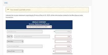 (b1)
Your answer is partially correct.
Indicate the income statement reporting by Oriole at March 31, 2025, of the information related to the Blue Spruce sales
transaction.
Sales Revenue
ORIOLE COMPANY
Income Statement (Partial)
For the Year Ended March 31, 2025
Less :
Sales Returns and Allowances
Net Sales
Cost of Goods Sold
Gross Profit
9400
658
8742
5580
3162