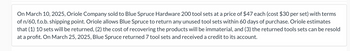 On March 10, 2025, Oriole Company sold to Blue Spruce Hardware 200 tool sets at a price of $47 each (cost $30 per set) with terms
of n/60, f.o.b. shipping point. Oriole allows Blue Spruce to return any unused tool sets within 60 days of purchase. Oriole estimates
that (1) 10 sets will be returned, (2) the cost of recovering the products will be immaterial, and (3) the returned tools sets can be resold
at a profit. On March 25, 2025, Blue Spruce returned 7 tool sets and received a credit to its account.