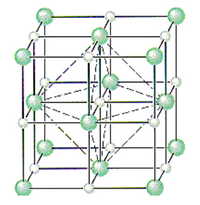 This image illustrates a crystal lattice structure, specifically representing a Body-Centered Cubic (BCC) lattice. 

### Description of the Structure:

- **Atoms Representation**: The lattice consists of spheres that depict atoms. There are two distinct types of spheres:
  - **Green Spheres**: These are positioned at the corners of the cube as well as at the center, indicating the primary lattice points where the atoms are located.
  - **White Spheres**: These represent additional atoms located at the center of the cube, typical of a BCC structure.

- **Connections**: Lines connect the spheres, symbolizing the chemical bonds or interactions between these atoms at the lattice points.

### Explanation of the BCC Lattice:

The Body-Centered Cubic (BCC) structure is characterized by having one atom at each corner of the cube and one atom in the very center of the cube. This arrangement contributes to its high packing efficiency and is commonly found in metals such as iron, chromium, and tungsten.

### Key Features:

- **Coordination Number**: The BCC structure has a coordination number of 8, meaning each central atom is directly connected to 8 other atoms.
- **Atomic Packing Factor**: The packing efficiency for BCC is approximately 68%.

This representation is crucial for understanding the physical and chemical properties of materials that crystallize in a BCC structure, affecting their density, melting point, and mechanical properties.