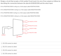 Design a circuit that accepts a 4-bit number N and route it to one of two outputs as follows by
describing the connection between the data bit (D3D2D1D0) and the select input:
If N is POSITIVE/EVEN it will go to a 4-bit output called POSITIVE/EVEN.
If N is NEGATIVE/EVEN it will go to a 4-bit output called NEGATIVE/EVEN
If N is POSITIVE/ODD it will go to a 4-bit output called POSITIVE/ODD.
If N is NEGATIVE/ODD it will go to a 4-bit output called NEGATIVE/ODD
POSITIVE /EVEN
NEGATIVE /EVEN
POSITIVE /ODD
NEGATIVE /ODD
d3d2dld0
select
D3, DO connect to select
D2, D1 connect to select
D3, D2 connect to select
O D1, DO connect to select
