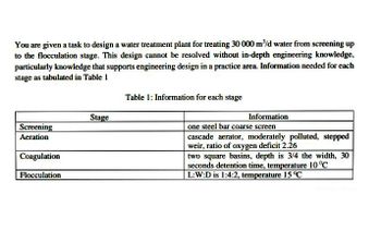 You are given a task to design a water treatment plant for treating 30 000 m³/d water from screening up
to the flocculation stage. This design cannot be resolved without in-depth engineering knowledge,
particularly knowledge that supports engineering design in a practice area. Information needed for each
stage as tabulated in Table 1
Table 1: Information for each stage
Stage
Information
one steel bar coarse screen
Screening
Aeration
cascade aerator, moderately polluted, stepped
weir, ratio of oxygen deficit 2.26
Coagulation
two square basins, depth is 3/4 the width, 30
seconds detention time, temperature 10 ºC
L:W:D is 1:4:2, temperature 15 °C
Flocculation