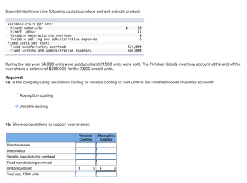 Sparn Limited incurs the following costs to produce and sell a single product:
Variable costs per unit:
Direct materials
Direct labour
Variable manufacturing overhead
Variable selling and administrative expenses
Fixed costs per year:
Fixed manufacturing overhead
Fixed selling and administrative expenses
During the last year, 54,000 units were produced and 31,500 units were sold. The Finished Goods Inventory account at the end of the
year shows a balance of $285,000 for the 7,500 unsold units.
Absorption costing
Required:
1-a. Is the company using absorption costing or variable costing to cost units in the Finished Goods Inventory account?
O Variable costing
1-b. Show computations to support your answer.
Direct materials
Direct labour
Variable manufacturing overhead
Fixed manufacturing overhead
Unit product cost
Total cost, 7,500 units
Variable Absorption
Costing Costing
$
23
11
4
0 $
324,000
504,000
0